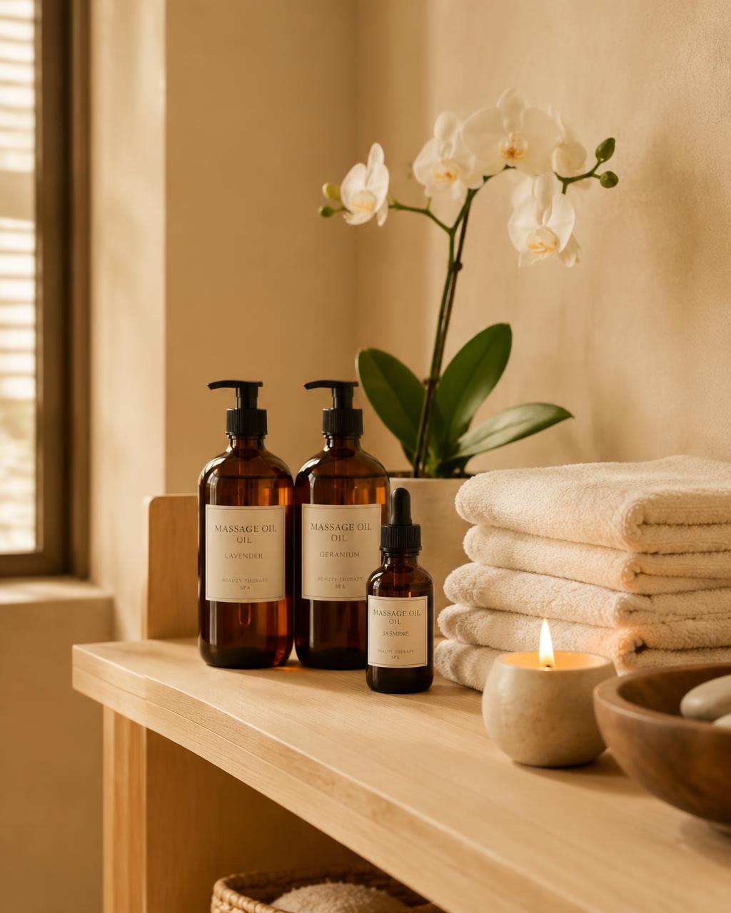 Massage oils, towels and an orchid